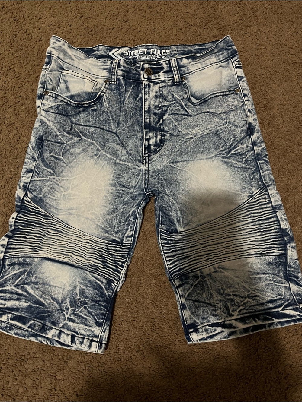 Street Rules Boys Blue Acid-Wash Moto Denim Shorts